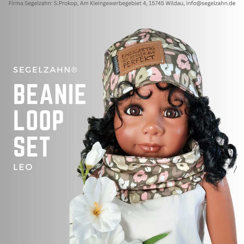 Beanie Loop Set Mädchen Kinder Mütze Schal Herbst Winter Übergang Schlupfschal Babymütze Segelzahn Leopardenmuster Leo Kinderkleidung