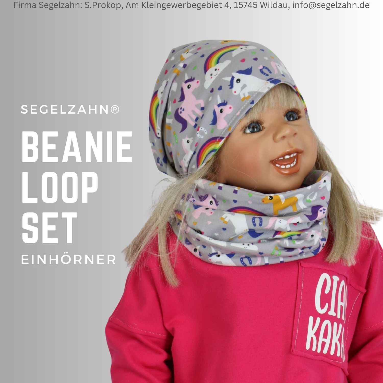 Mädchen Set Einhörner Pferde Mütze Schal Grau Kind Baby Beanie Loop Set Kindermütze Schlupfschal Schlauchschal Segelzahn Kinderkleidung