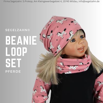 Beanie Loop Set Pferde Mädchen, Mütze mit passendem Schlupfloop Kind Baby Rosa Segelzahn Kinderkleidung Kindermütze Sets Pferd