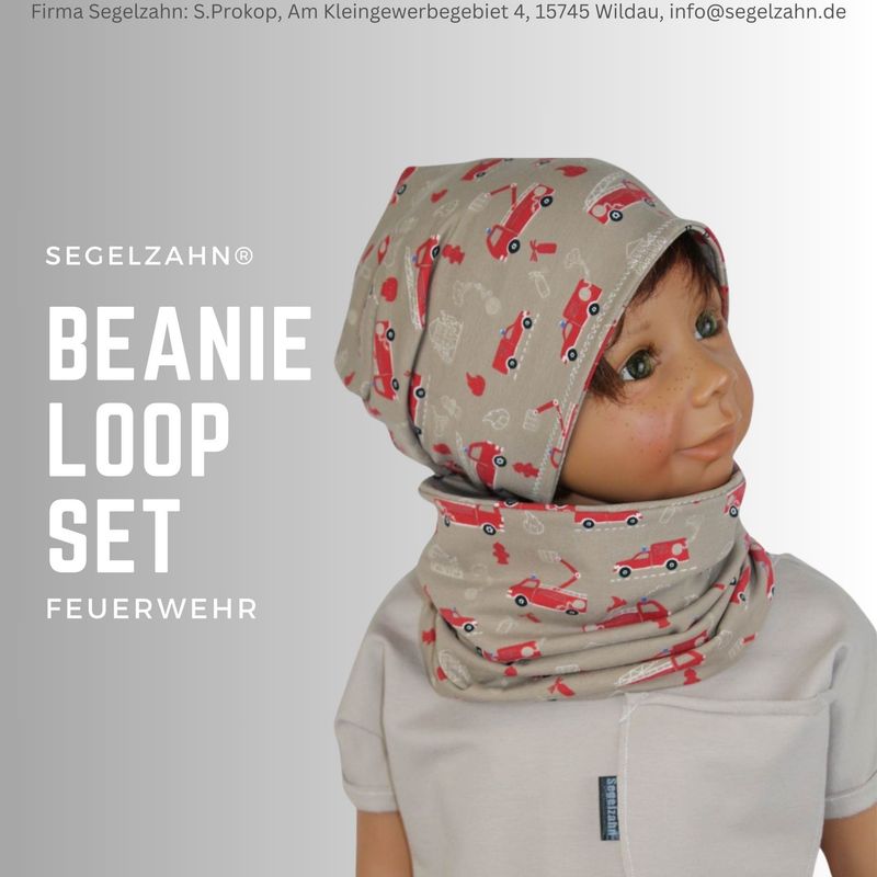 Beanie Loop Set Kinder Feuerwehr Mütze Schal Beige Unisex Set Jungen Mädchen gefüttert oder ungefüttert Kindermütze Segelzahn