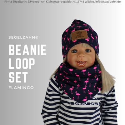 Beanie Loop Set Mädchen Flamingo Mütze Schal Kinder Blau Set Neon Pink Wintermütze Schlupfschal gefüttert warm Herbst Winter Übergang