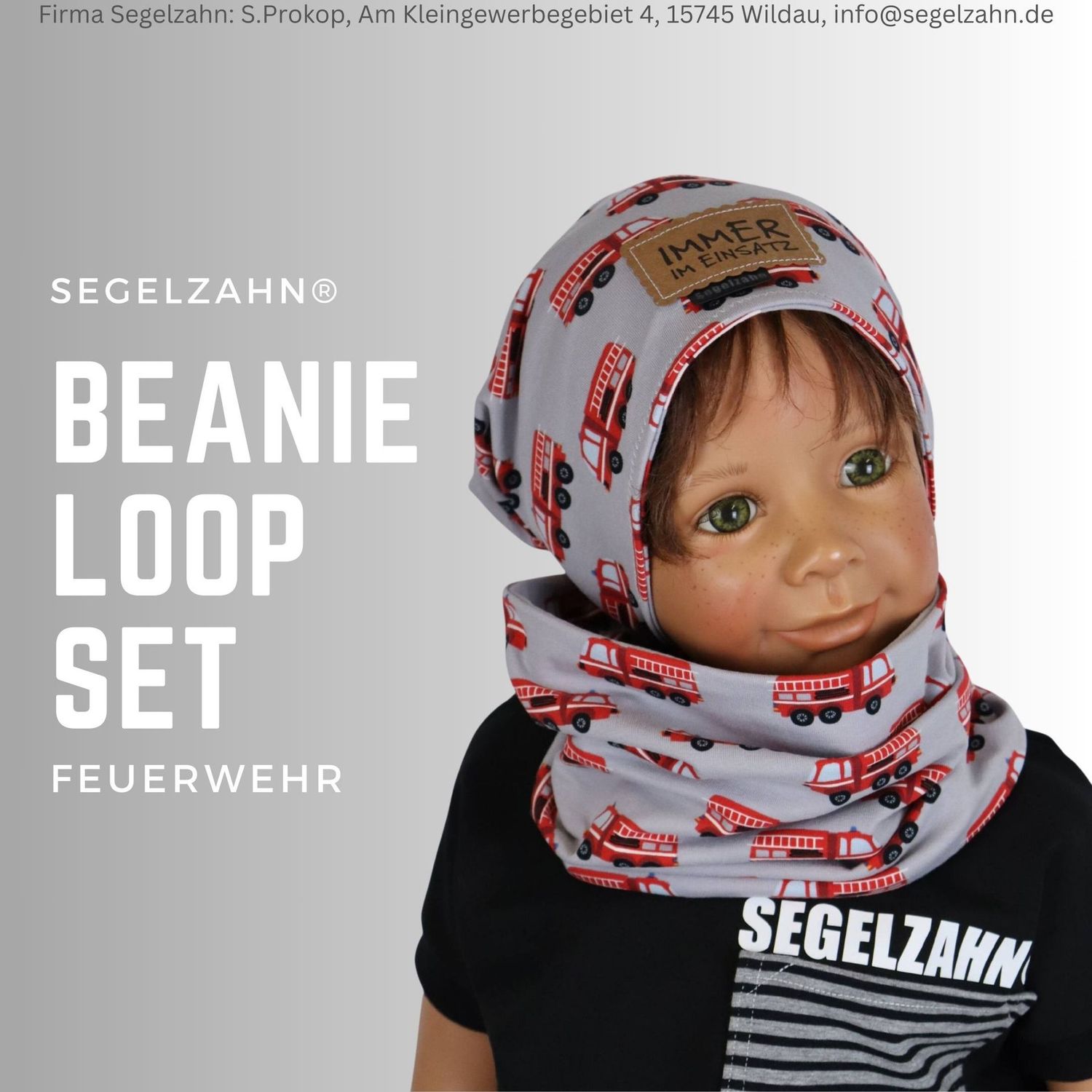 Feuerwehr Set Kinder Beanie Loop Grau mit Spruch Junge Mädchen Unisex Mütze mit Schal Segelzahn Kinderkleidung Feuerwehrmütze Schlupfloop