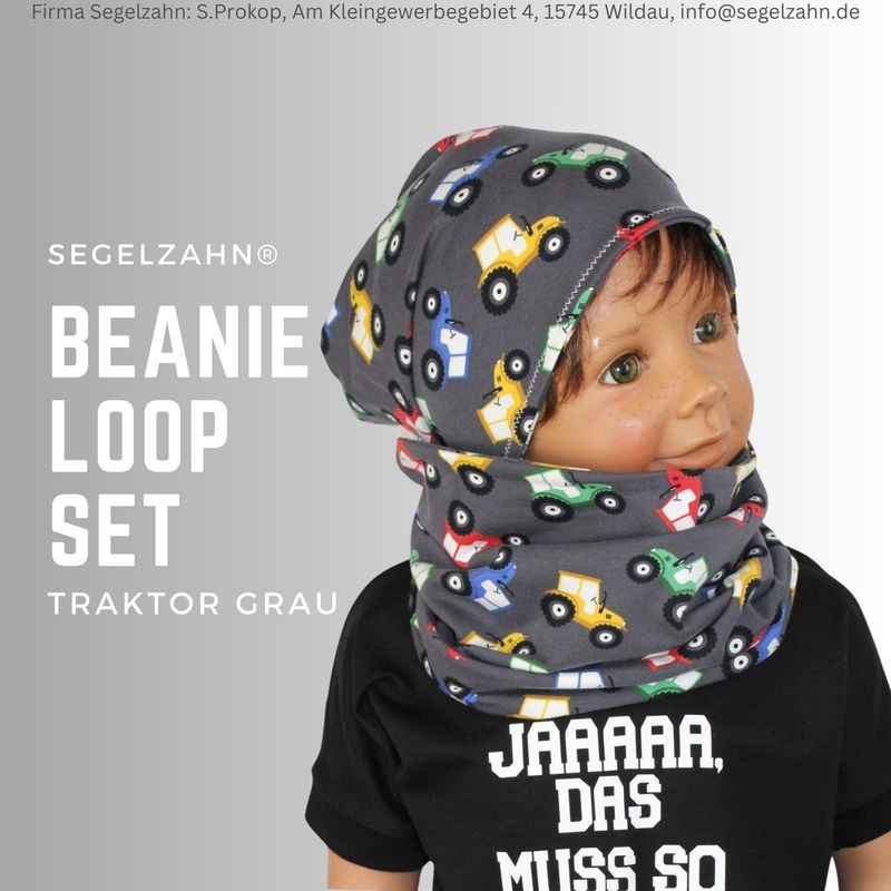 Beanie Mütze Loop Kinder Set Traktor Grau, Mützen Schal Schlupfschal Schlupfloop Kindermütze Junge Mädchen Kind Baby Segelzahn Traktormütze Beanie Mütze Loop Kinder Set Traktor Grau, Mützen Schal Schlupfschal Schlupfloop Kindermütze Junge Mädchen Kind Baby Segelzahn Traktormütze