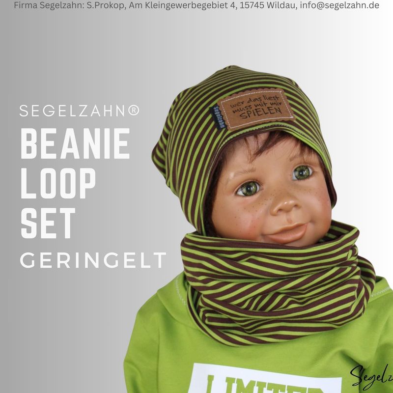 Beanie Loop Set Kinder Ringelmütze Loopschal Grün Braun Segelzahn Kinderkleidung Mütze mit Schal Unisex Junge Mädchen Kind Baby mit Spruch