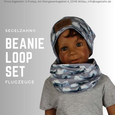 Beanie Loop Set Kinder Grau Flugzeuge Sets Mütze Schal Kind Baby Junge Mädchen Kindermütze passender Schlupfschal Segelzahn Kinderkleidung