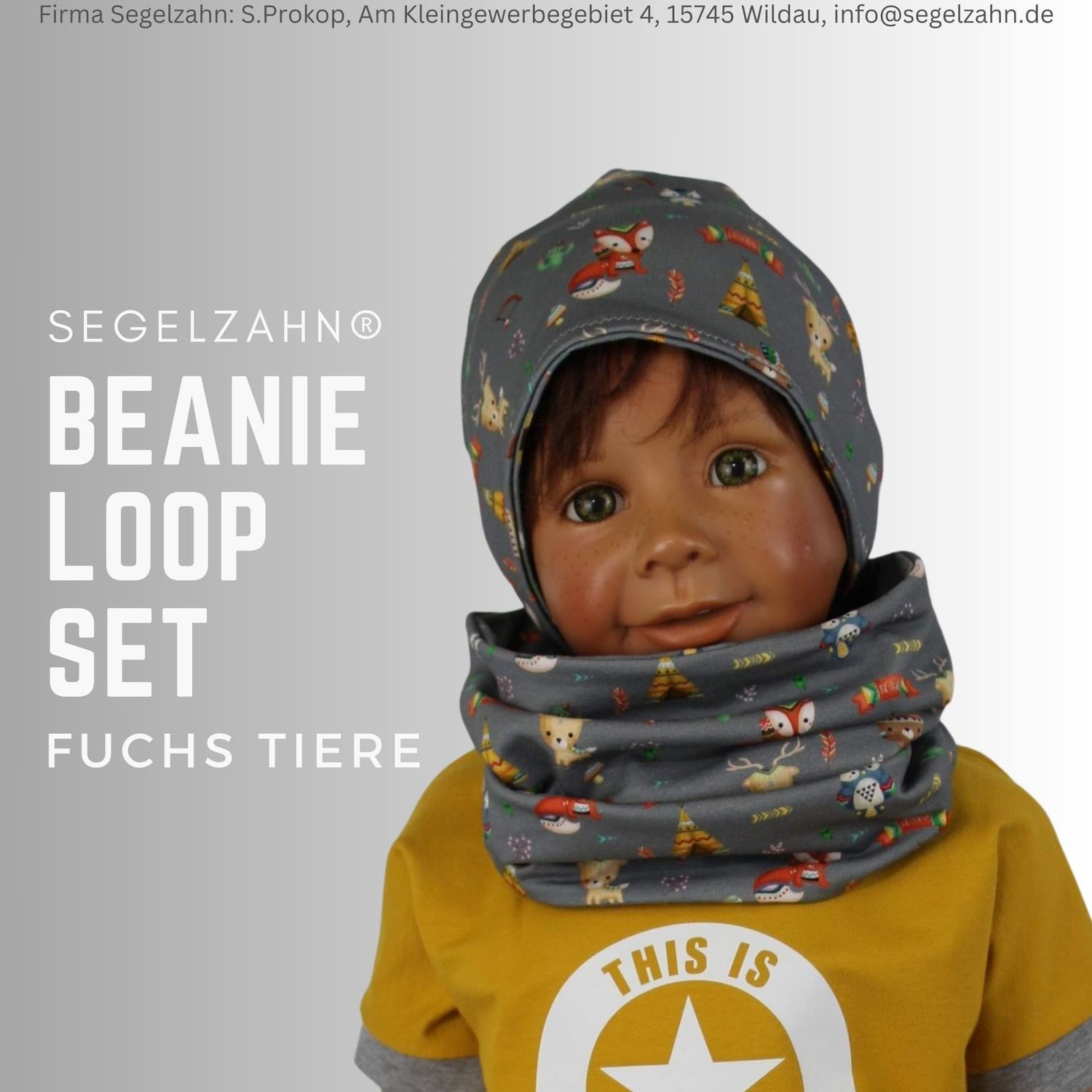 Fuchs Set Beanie Loop Kind Baby Unise Grau Kinder Mütze Schlupfschal Segelzahn Kinderkleidung Tiere Waldtiere Mützen Sets