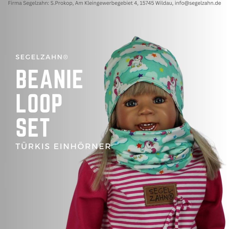 Beanie Loop Set Kinder Mütze Schal Einhörner Türkis Mädchenset Herbst Winter Frühling Loopschal Schlupfschal Kindermütze Segelzahn