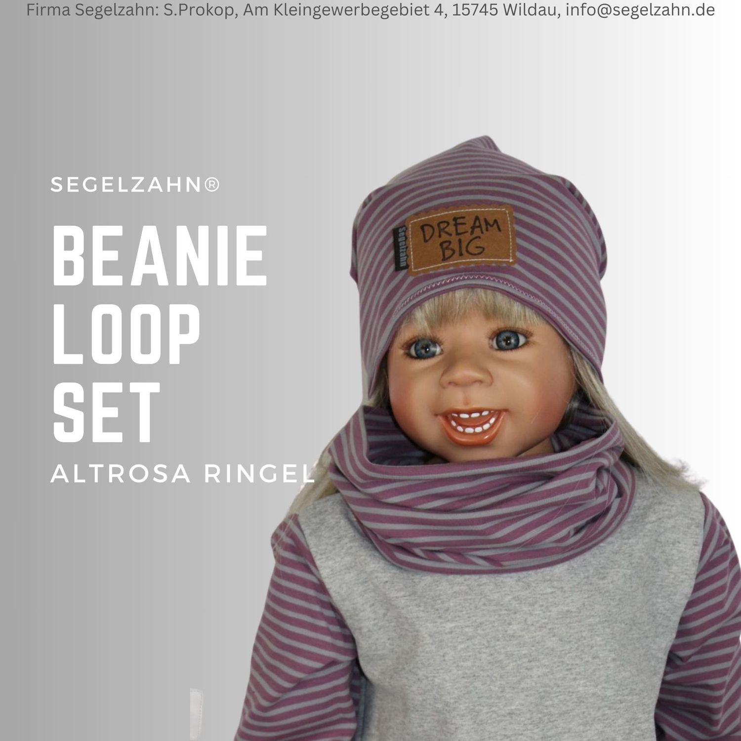 Ringelmütze Set Beanie Loop Mädchen Kinder Altrosa Streifen Grau Segelzahn Kinderkleidung Kindermütze Mütze Schlupfschal mit Spruch