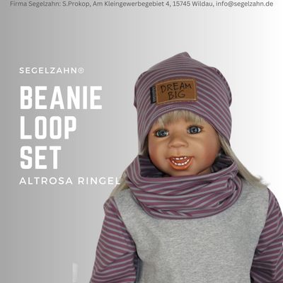 Ringelmütze Set Beanie Loop Mädchen Kinder Altrosa Streifen Grau Segelzahn Kinderkleidung Kindermütze Mütze Schlupfschal mit Spruch