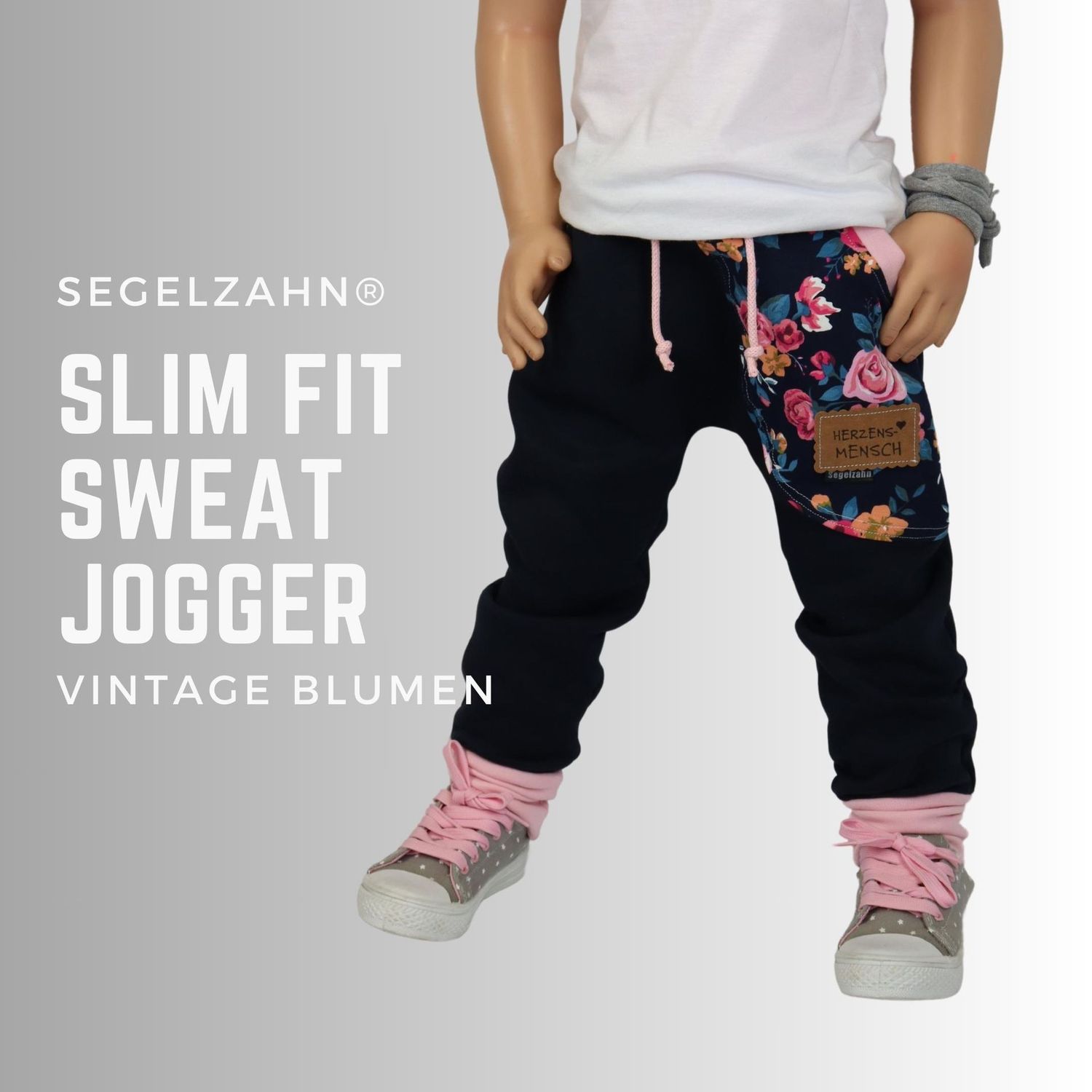 Slim Fit Sweat Jogger Mädchen Vintage Hose Kinder Blumen Floral Jogginghose warm Baby Kind Pumphose Blau Segelzahn