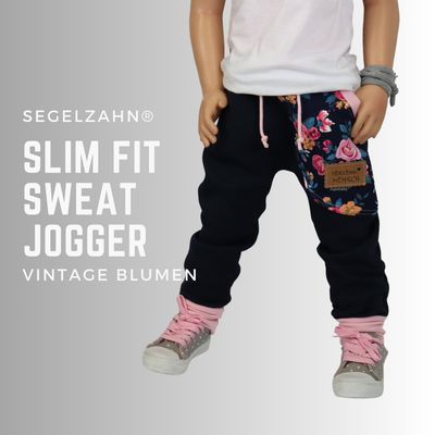 Slim Fit Sweat Jogger Mädchen Vintage Hose Kinder Blumen Floral Jogginghose warm Baby Kind Pumphose Blau Segelzahn