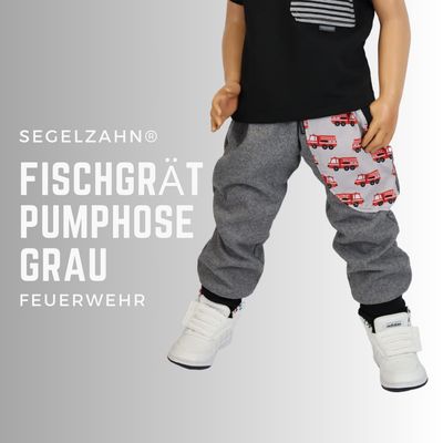 Pumphose Kinder Feuerwehr Hose grau Fischgrätmuster mitwachsende Hosen Jungen Unisex Kind Baby Segelzahn Geschenkidee