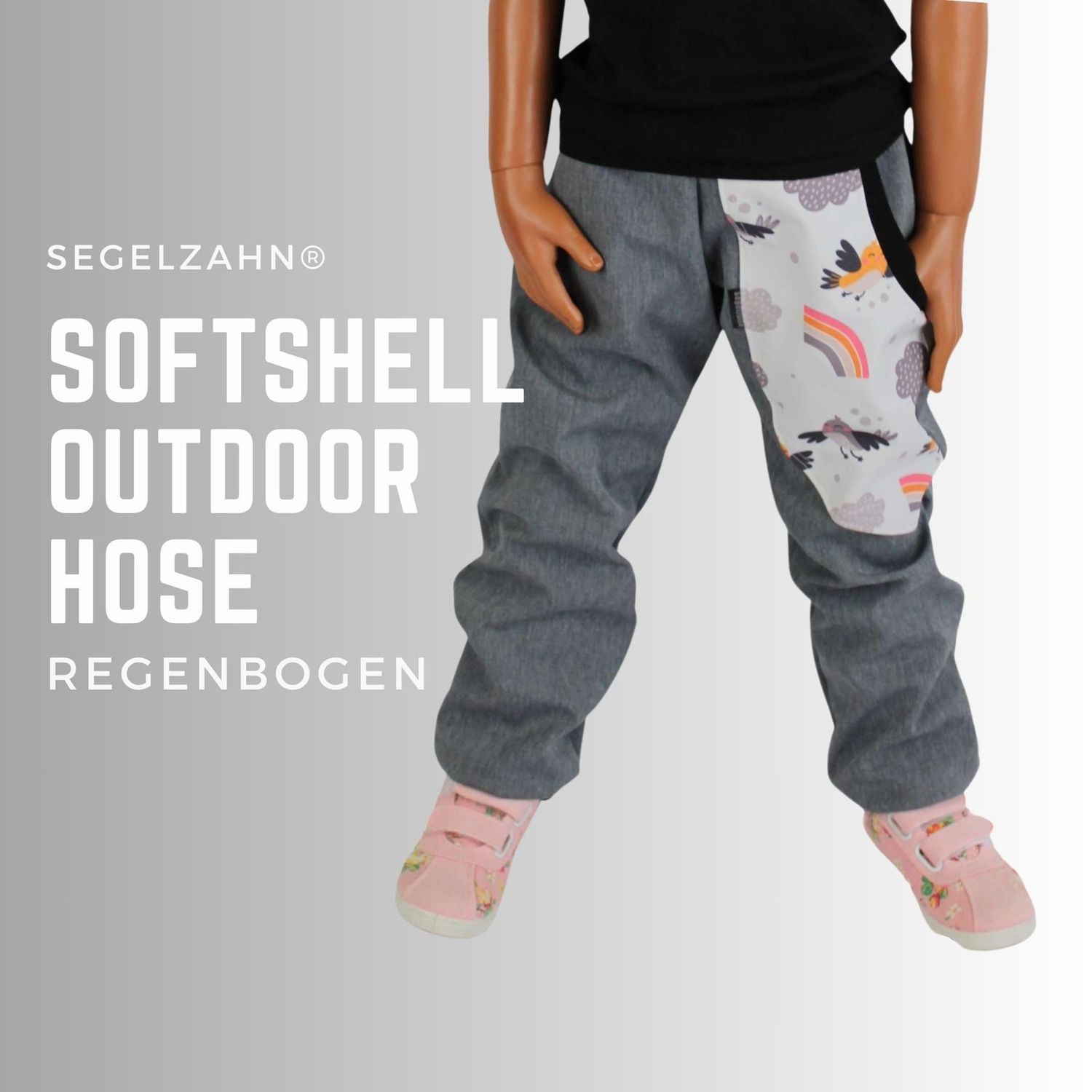 Softshellhose für Mädchen Regenbogen Outdoorhose Grau meliert gefüttert für Kinder warme Regenhose / Kind Baby Matschhose / Buddelhose / Vögel
