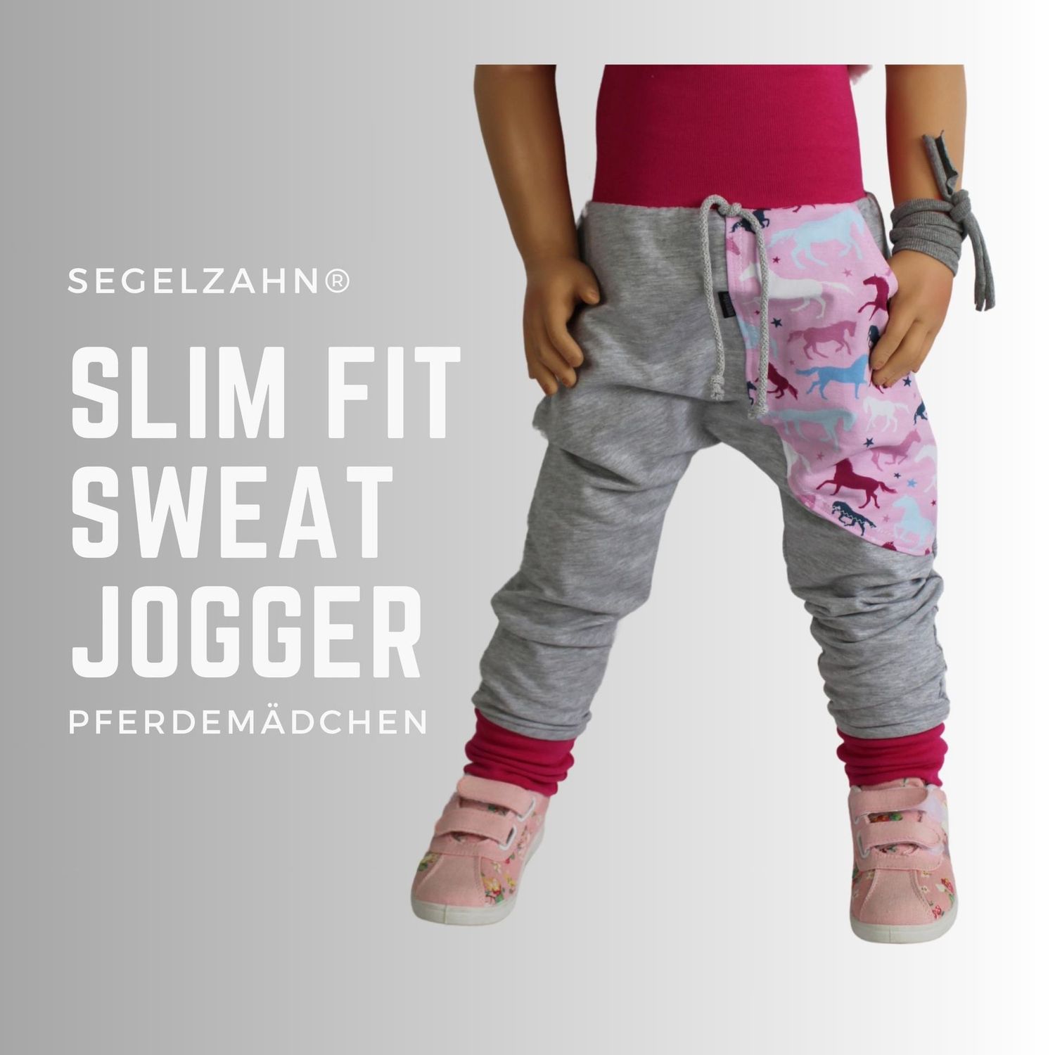 Slim Fit Hose Mädchen Pferde Jogger Grau Rosa Jogginghose Kind Baby Kinderhose Hosen Mädchenhose Pferdemädchen Segelzahn Kinderkleidung