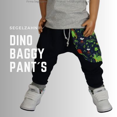 Pumphose Kinder Baggy Jogger Dino Blau, Sweathose zum mitwachsen Junge Mädchen Baby Kinderhose  Segelzahn Handmade Hosen