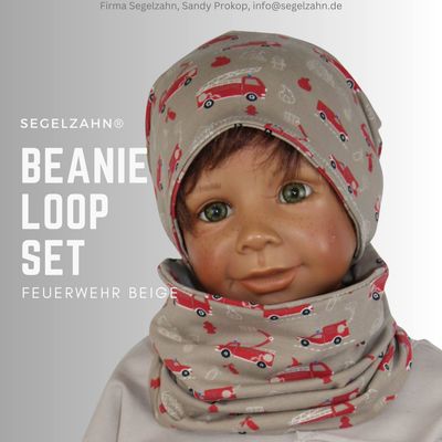 Beanie Loop Set Kinder Mütze mit Schal für Jungen Mädchen, Kindermütze Übergang Winter Segelzahn Kleidung Mützen Kinder Feuerwehr beige Beanie Loop Set Jungen Feuerwehr beige