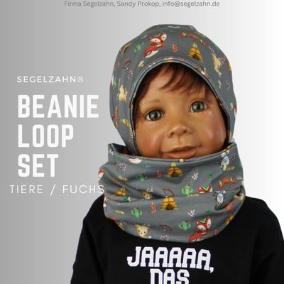 Beanie Loop Set Kinder Mütze mit Schal für Jungen Mädchen, Kindermütze Übergang Winter Segelzahn Kleidung Mützen Kinder Grau Tiere Fuchs Beanie Loop Set Kinder grau