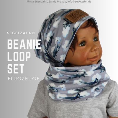 Beanie Loop Set Kinder Flugzeuge Grau