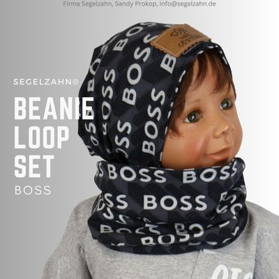 Beanie Loop Set Kinder Mütze mit Schal für Jungen Mädchen, Kindermütze Übergang Winter Segelzahn Kleidung Mützen Kinder Schwarz Grau Boss Beanie Loop Set Kinder Boss Schwarz Grau
