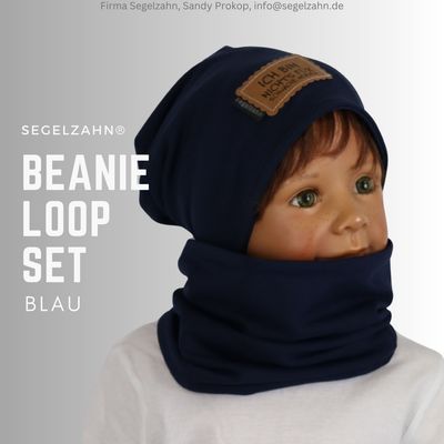 Beanie Loop Set Kinder Mütze mit Schal Unisex für Jungen Mädchen, Kindermütze Übergang Winter gefüttert Segelzahn Kleidung schlicht Blau Beanie Loop Set Kinder blau