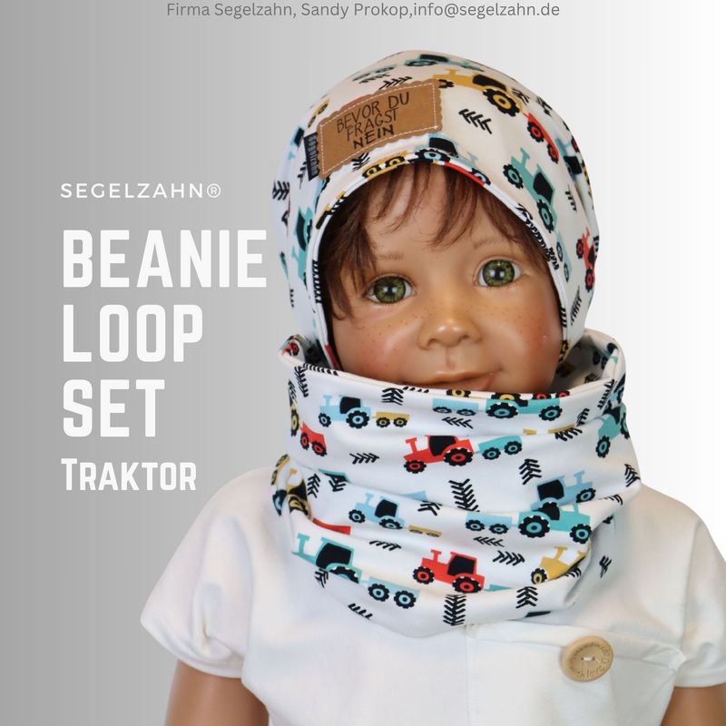 Beanie Loop Set Kinder Mütze Schal Jungen Mädchen Traktor Kleidung Segelzahn Kindermütze mit Schlupfschal Unisex Herbst Winter Übergang Beanie Loop Set Kinder Mütze Traktor