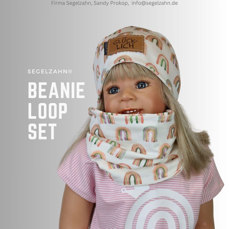 Beanie Loop Set Mädchen Regenbogen, Kindermütze mit Schal für Kind und Baby, Mütze Herbst Winter Übergang gefüttert  Kleidung Segelzahn Beanie Loop Set Mädchen creme Regenbogen