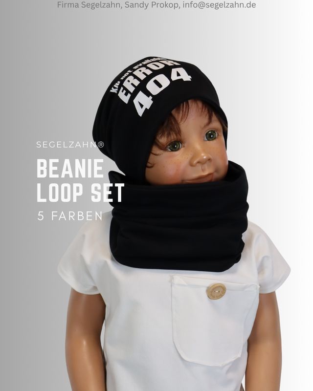 Beanie Loop Set Kinder Mütze Schal Unisex Schwarz, Kindermütze mit Spruch, Jungen Mädchen Kind Baby Kleidung Segelzahn Error 404 Beanie Loop Set Schwarz Kinder
