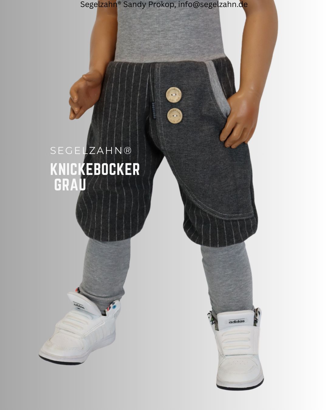 Knickebocker Pumphose für Kinder, Unisex für Jungen und Mädchen, graue Nadelstreifenhose mit Seitentasche grau, Handmade Holz