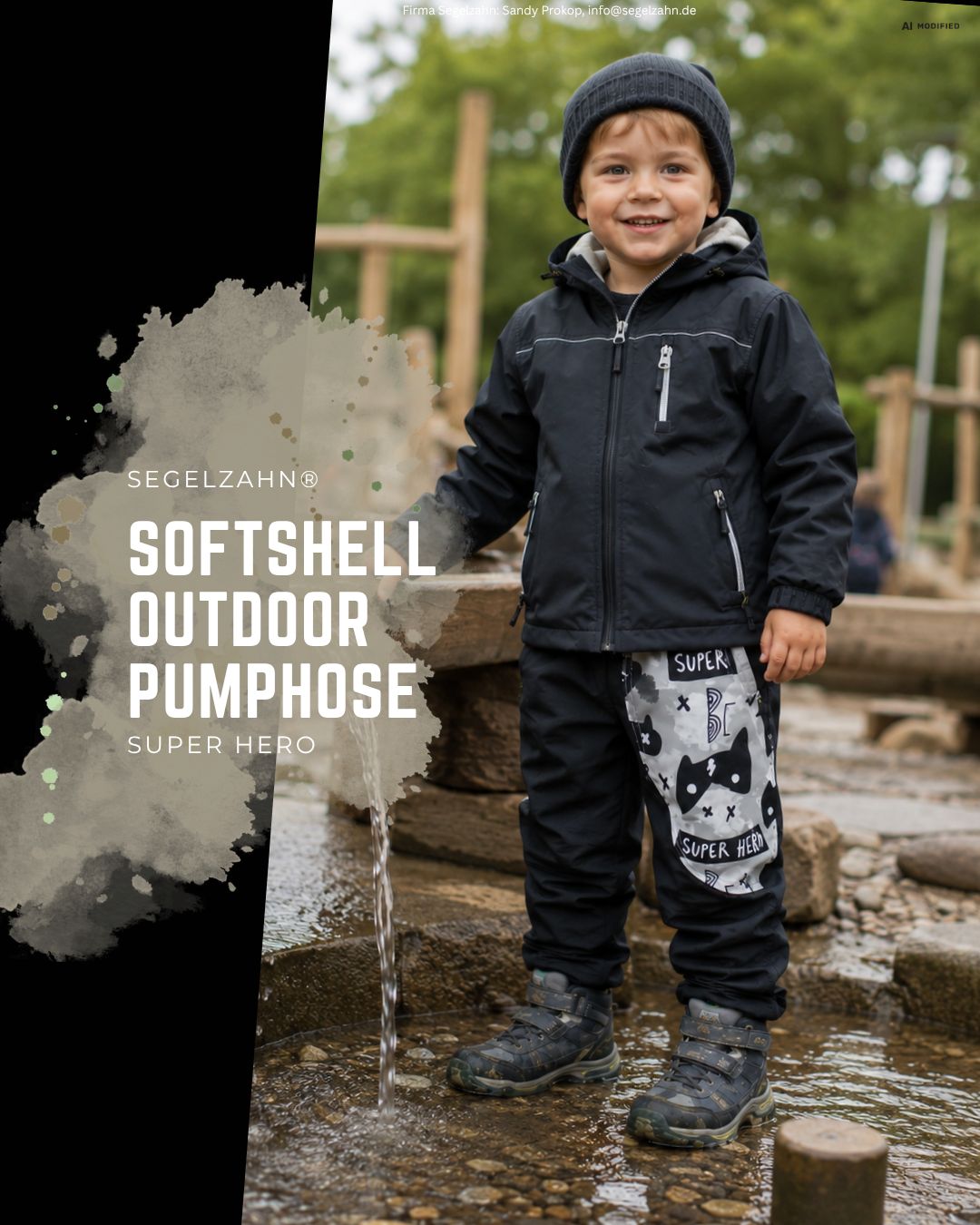Kinder Softshellhose gefüttert Schwarz | warme Outdoorhose für Jungen & Mädchen | Pumphose Schwarze Kinder Softshellhose mit Superhero-Motiv und warmer Fleece-Innenseite