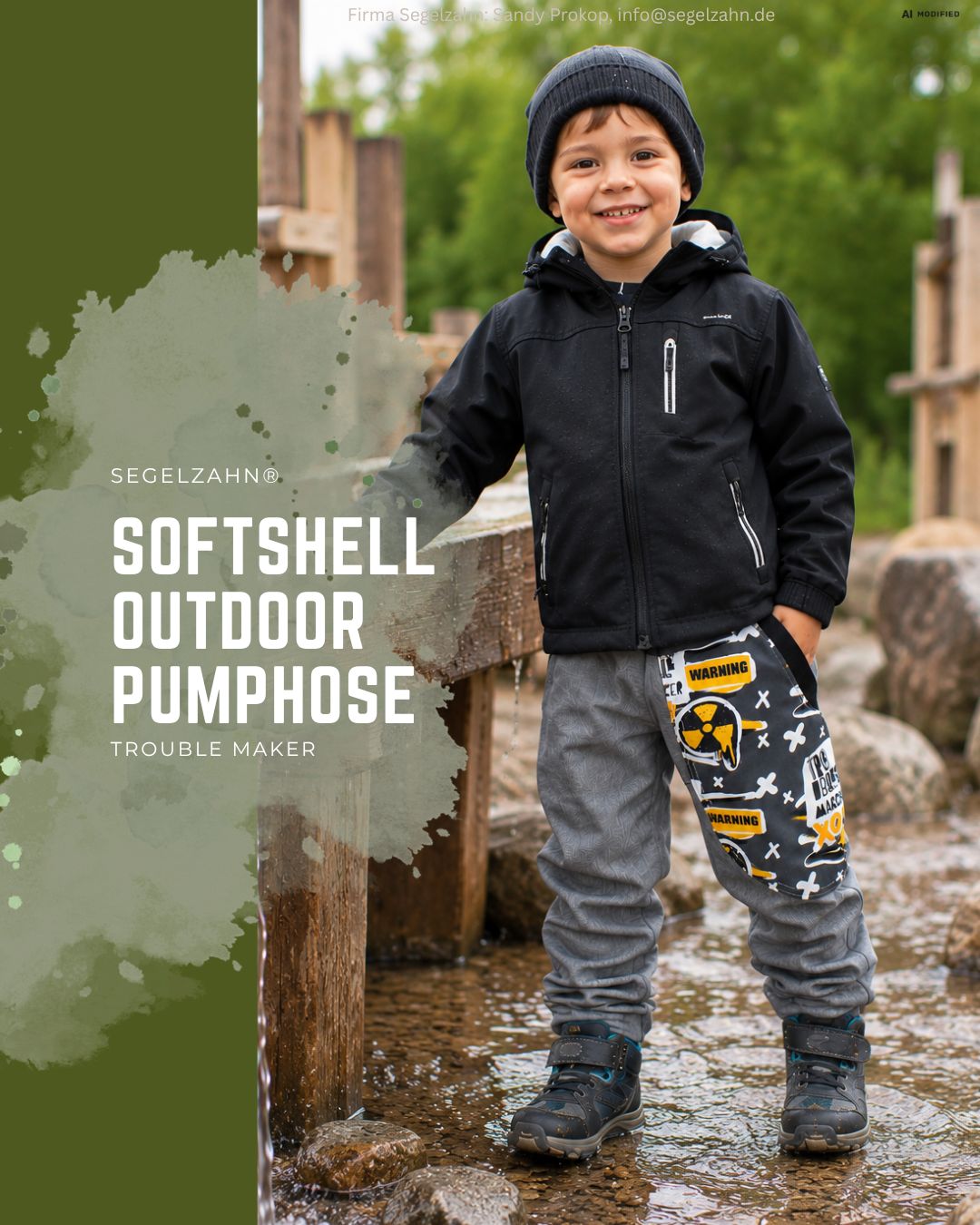 Kinder Softshellhose Grau, gefütterte Outdoor Pumphose mit Fleece | Jungen Mädchen Kind Baby | robuste Kita Hose | Waldkindergarten Graue Kinder Softshellhose mit Fleecefutter und auffälligem Trouble Maker Motiv