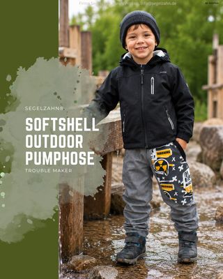 Kinder Softshellhose Grau, gefütterte Outdoor Pumphose mit Fleece | Jungen Mädchen Kind Baby | robuste Kita Hose | Waldkindergarten Graue Kinder Softshellhose mit Fleecefutter und auffälligem Trouble Maker Motiv