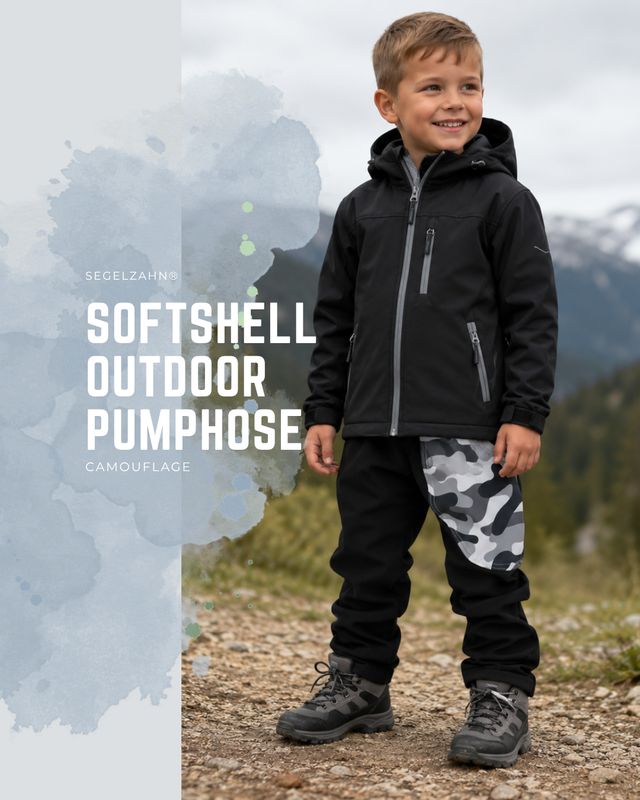 Softshellhose Kinder Schwarz Camouflage – gefütterte Regenhose - Outdoorhose Unisex | warme Pumphose Warme Softshell Pumphose Kinder mit Camouflage Tasche, wetterfeste Matschhose für Outdoor und Freizeit