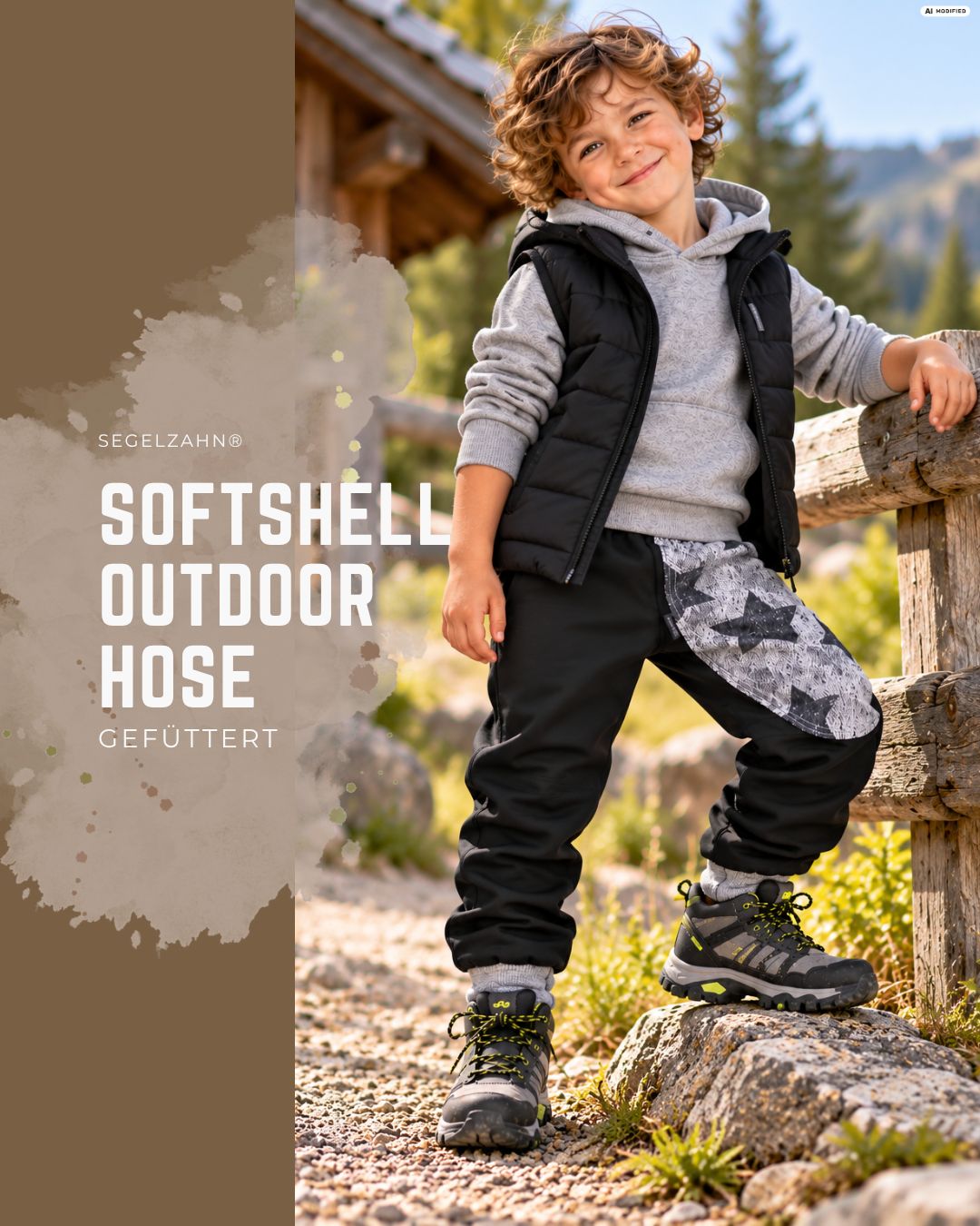Gefütterte Kinder Softshellhose in Schwarz und Grau mit Sternenmuster, bequeme Outdoorhose für Kindergarten und Waldkindergar