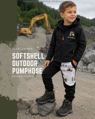 Kinder Softshellhose Bagger Schwarz – robuste Outdoorhose mit Bagger-Motiv für Jungen und Mädchen