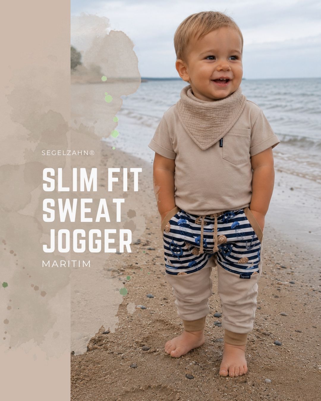 Mitwachshose Maritim Beige – Kinderhose & Babyhose aus French Terry | Slim Fit Joggerhose Slim Fit Mitwachshose für Kinder in Beige mit maritimem Muster, bequeme Unisex Joggerhose für Jungen und Mädchen