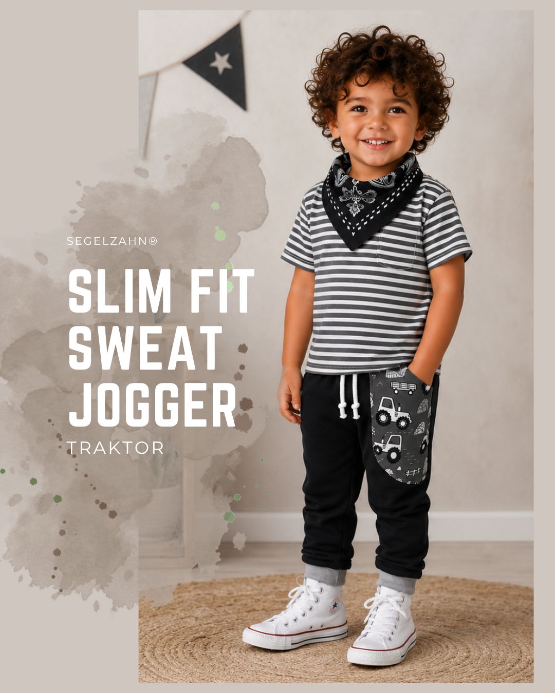 Kinder Sweathose Traktor Schwarz | Jogginghose Jungen Slim Fit | Mitwachsbündchen | Bequeme Kinderhose Schwarze Sweathose für Jungen mit Traktor-Motiv, dekorativen Kordeln und hellgrauen Bündchen zum Mitwachsen