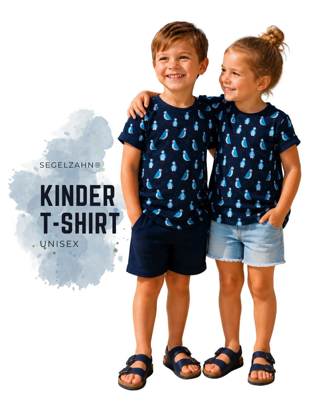 Kinder T-Shirt Haubentaucher | Unisex Sommer Shirt | Puffin Shirt Jungen Mädchen | Maritimes Kinder T-Shirt | Blau Türkis | Kurzarmshirt Jungen und Mädchen tragen passendes Kinder T-Shirt mit Papageitaucher-Print, unisex Design für Geschwister,