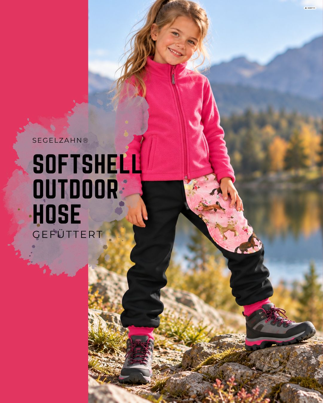Softshell Hose gefüttert Mädchen | Pferde | Outdoor Pumphose Kind Baby | warme Kinderkleidung Mädchenhose zum Mitwachsen Mädchen in schwarzer gefütterter Softshellhose mit rosa Pferdemotiv-Tasche beim Wandern in den Bergen. Robuste Outdoorhose fü