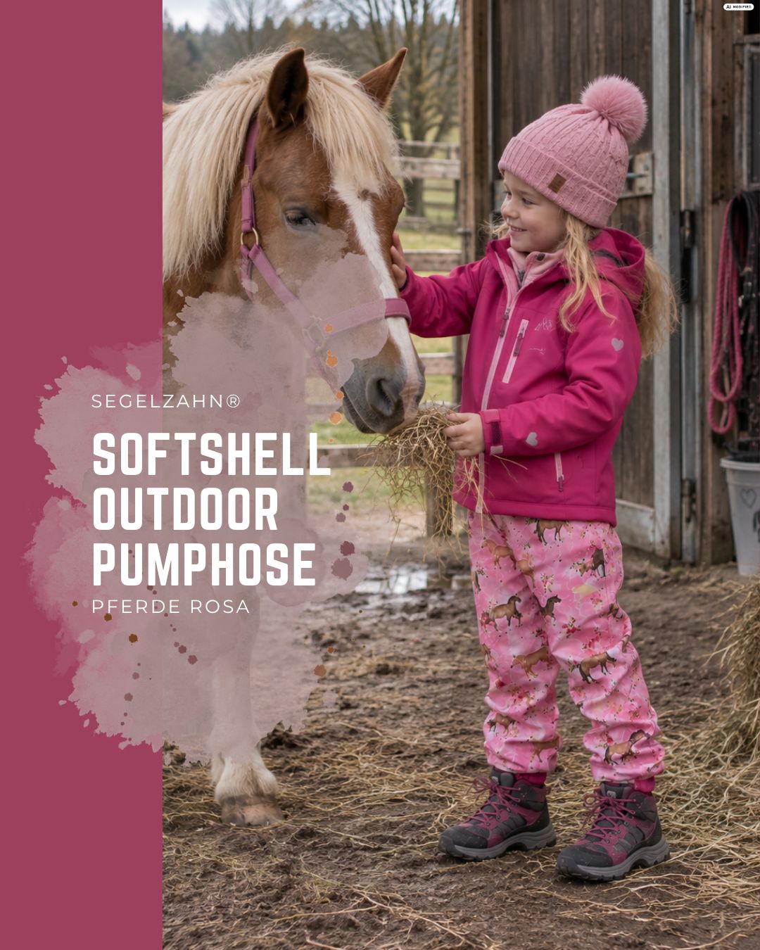 Softshell Hose gefüttert Mädchen | Pferde | Rosa | Matschhose Kind Baby | Regenkleidung Fleece Mädchen trägt eine rosa gefütterte Softshellhose mit Pferdemotiv und berührt ein Pony im Stall.