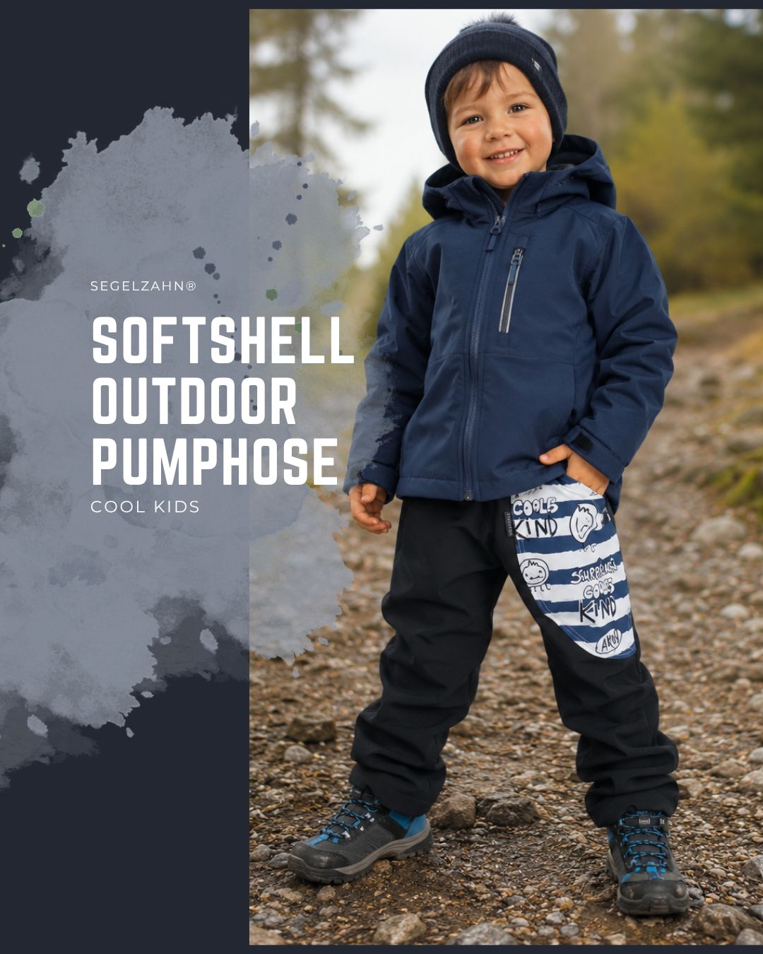Softshellhose Kinder gefüttert | Outdoorhose Regenhose Matschhose | Mitwachshose Unisex | Schwarz | schrecklich cooles Kind | Pumphose Softshellhose Kinder Schwarz mit Fleecefutter und Motiv „schrecklich cooles Kind“, gefütterte Outdoorhose als Regenhose, Mats