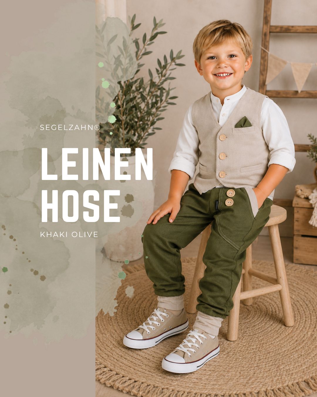 Kinder Leinen Pumphose Khaki Olive | Leinenhose Jungen | Festliche Kinderkleidung Festliche Kinder Leinenhose Khaki Olive für Hochzeit, Taufe, Ringträger und Familienfeier