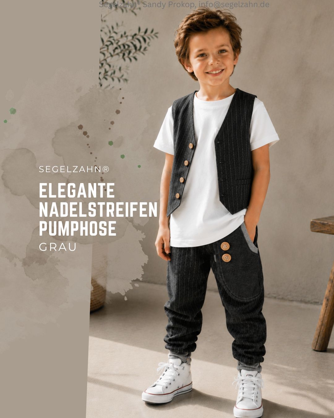 Graue Kinder Pumphose mit Nadelstreifen aus hochwertigem Baumwollflanell mit Seitentasche und Mitwachsbündchen