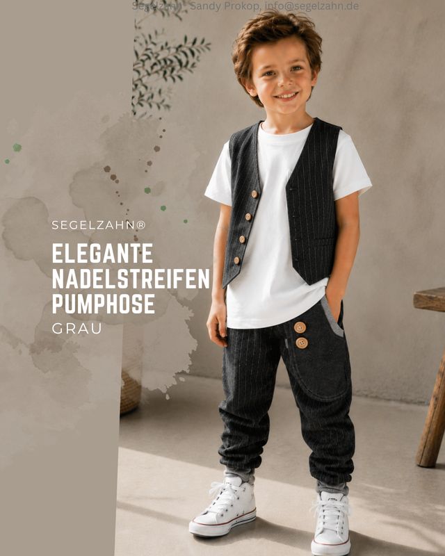 Kinder Pumphose Nadelstreifen Grau | Festliche Kinderhose | Baumwollflanell Mitwachshose | Jungenhose Elegant | Unisex | robuste Hosen Jungs Graue Kinder Pumphose mit Nadelstreifen aus hochwertigem Baumwollflanell mit Seitentasche und Mitwachsbündchen