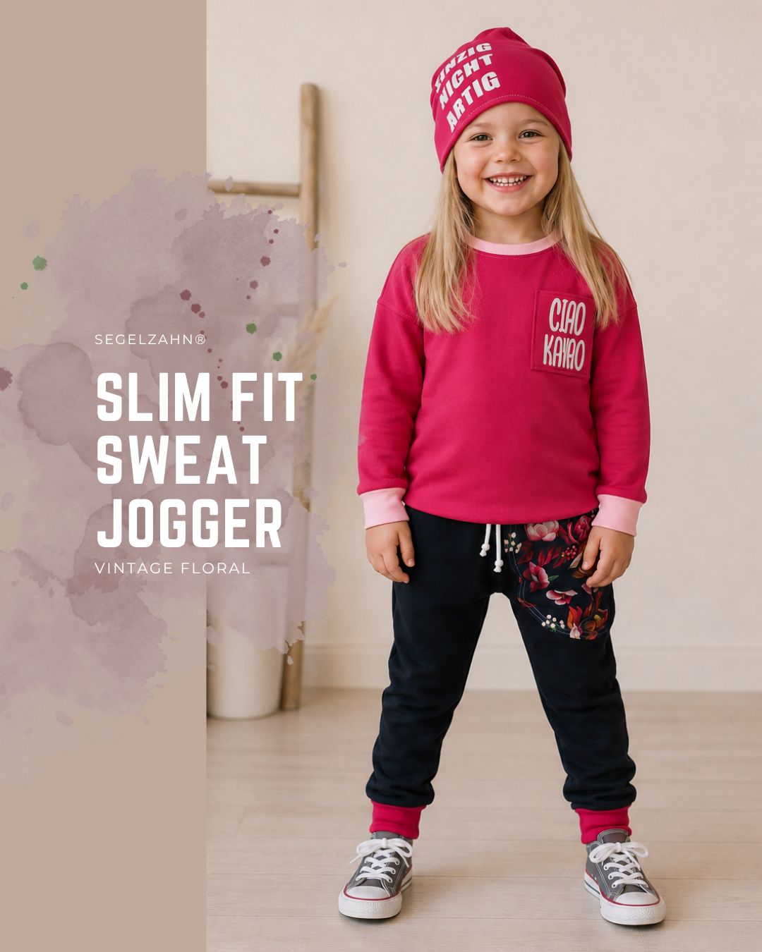 Mitwachshose Mädchen Dunkelblau | Sweat Hose Kinder | Baby Jogginghose | Slim Fit Hose | Blumen Vintage Tasche | Handmade Kinderkleidung Mädchen Sweat Hose Dunkelblau mit floraler Vintage Seitentasche – handgemachte Mitwachshose aus Sweat