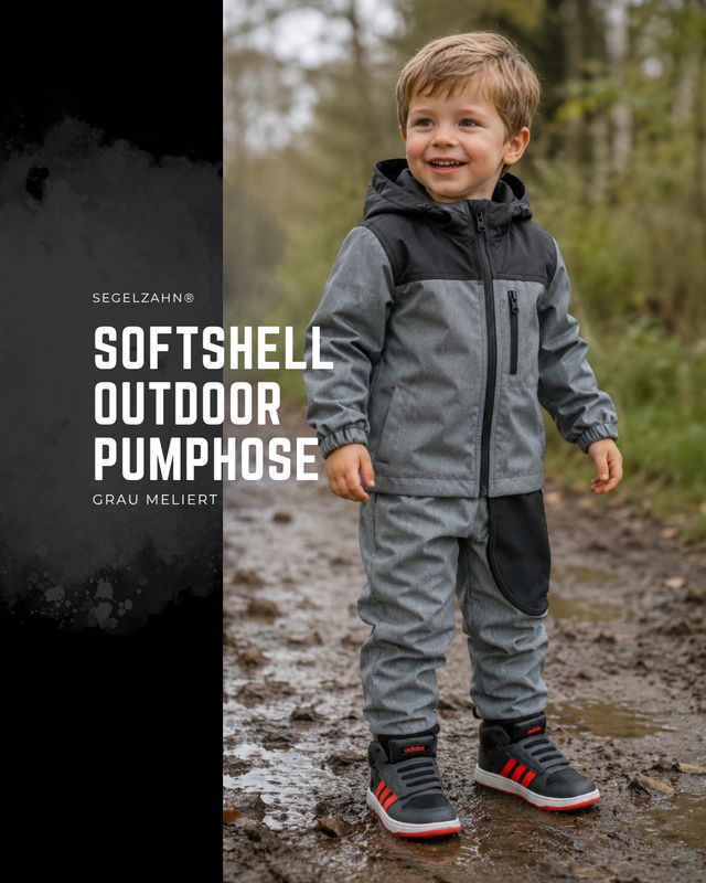 Softshellhose Kinder gefüttert Grau – Warme Outdoor Regenhose für Kinder Unisex Gefütterte Softshellhose für Kinder in Grau meliert mit schwarzer Seitentasche als Outdoorhose für Jungen und Mädchen