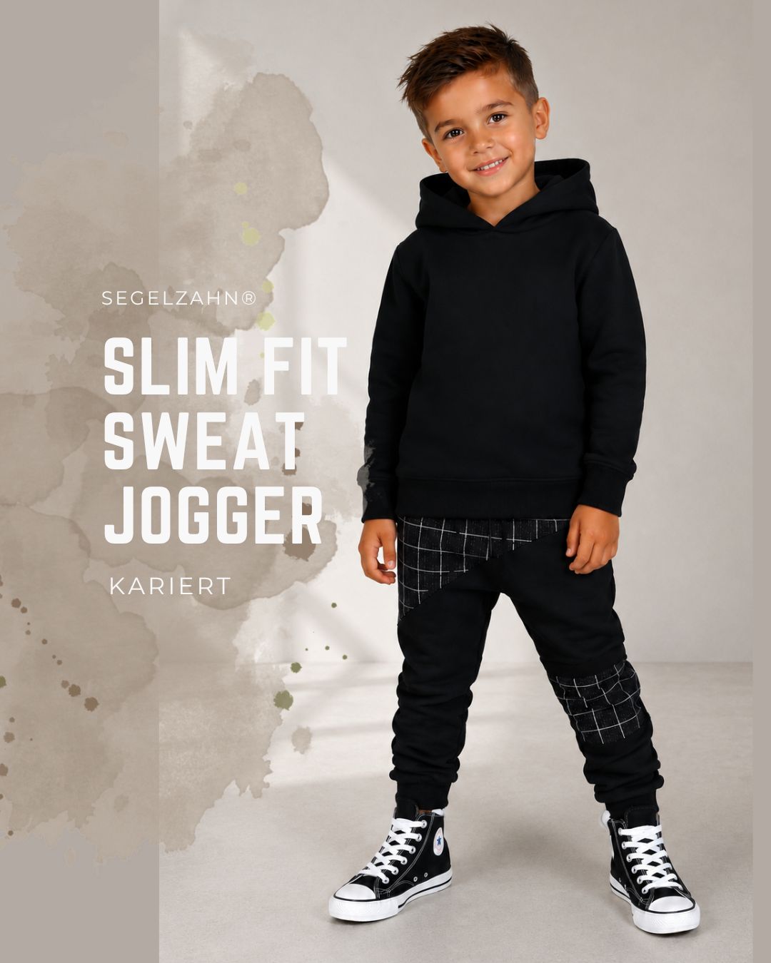 Kinder Jogginghose Jungen Schwarz Kariert | Slim Fit Sweat Jogger | Kinder Streetwear Hose | Sweatpants Kinder Jogginghose Slim Fit Schwarz Kariert