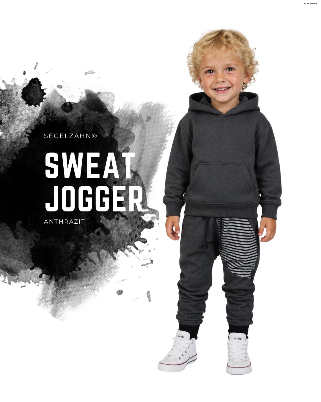 Slim Fit Jogger Grau Kinderhose Jungen Sweat Jogger Dunkelgrau Jogginghose Unisex Hose für Kinder Segelzahn Hosen Dunkelgraue Kinder-Sweathose mit Ringelstreifen und Slim-Fit-Schnitt
