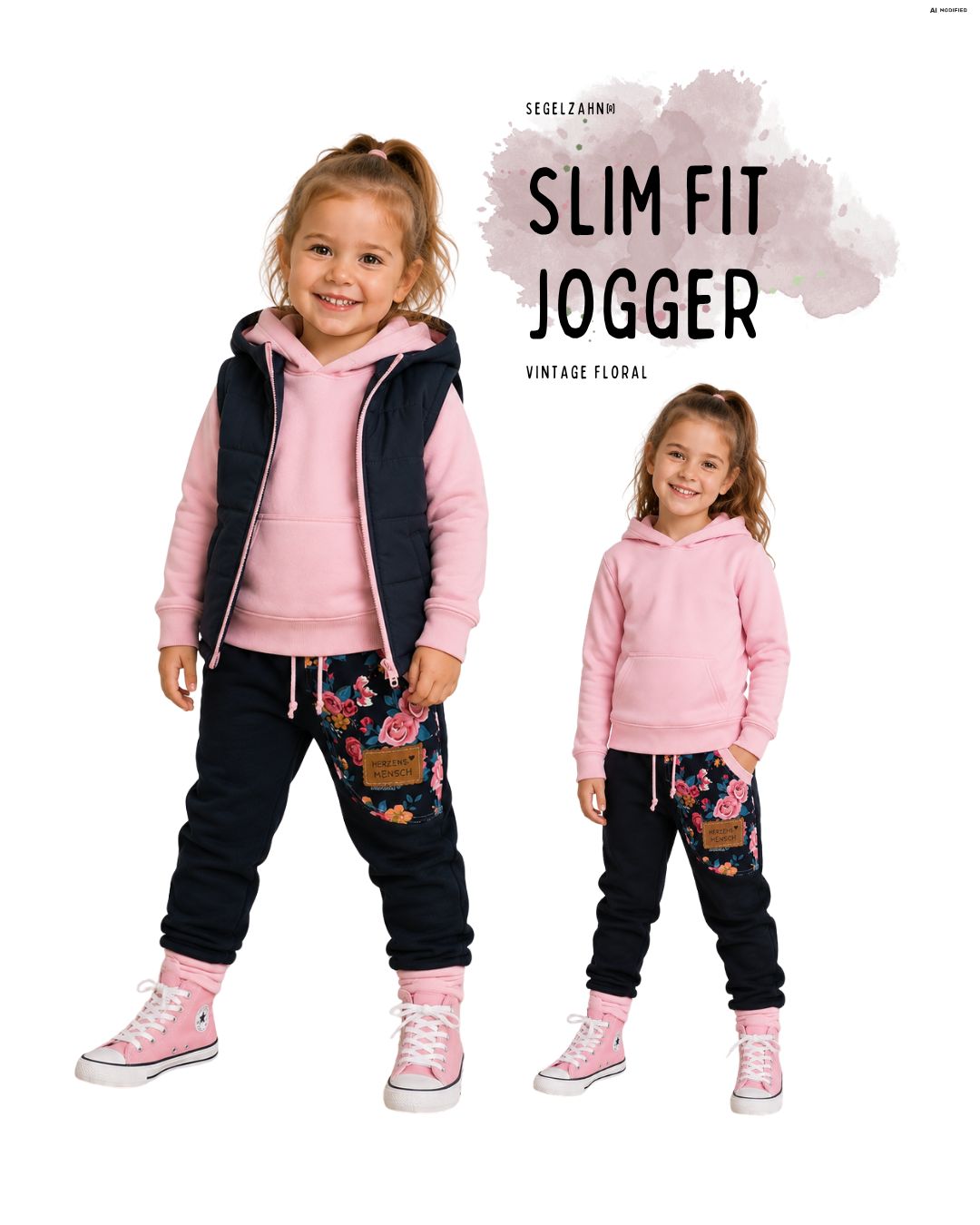 Mitwachshose Mädchen Blumen | Slim Fit Jogginghose | Kinder Sweathose | Handmade Kinderhose Vintage Floral Dunkelblau | Sweat Jogger Mädchen Jogginghose aus dunkelblauem French Terry mit floraler Seitentasche und rosa Mitwachsbündchen