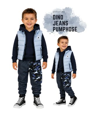 Dino Jeans Hose Kinder | Pumphose Jungen Blau | Kinderhose Jeansstoff Dinosaurier | Mitwachshose Unisex Kinder Jeans Pumphose aus blauem Jeansstoff mit Dinosaurier-Seitentasche und blauen Mitwachsbündchen.