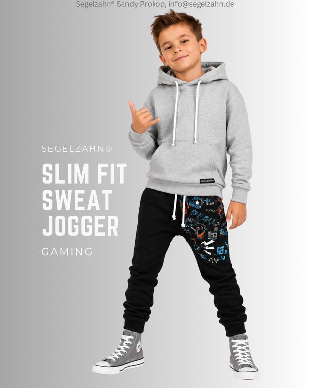 Slim Fit Hose Kinder | Sweat Jogger | Gamer | Schwarz | Kinderhose Sweathose Unisex Slim Fit Hose Kinder, Unisex Sweathose für Jungen und Mädchen aus weichem French Terry Sweatstoff in Schwarz, Gamer Joggingho